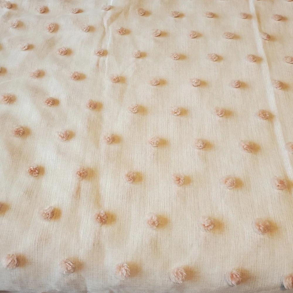 2 Piece Sheer White Valance Set with Blush Pink Tufted Pom Poms Rod Pocket
